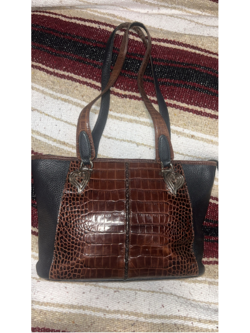 Women's Brighton Leather Tote Bag One Size Brown Black Croc Embossed